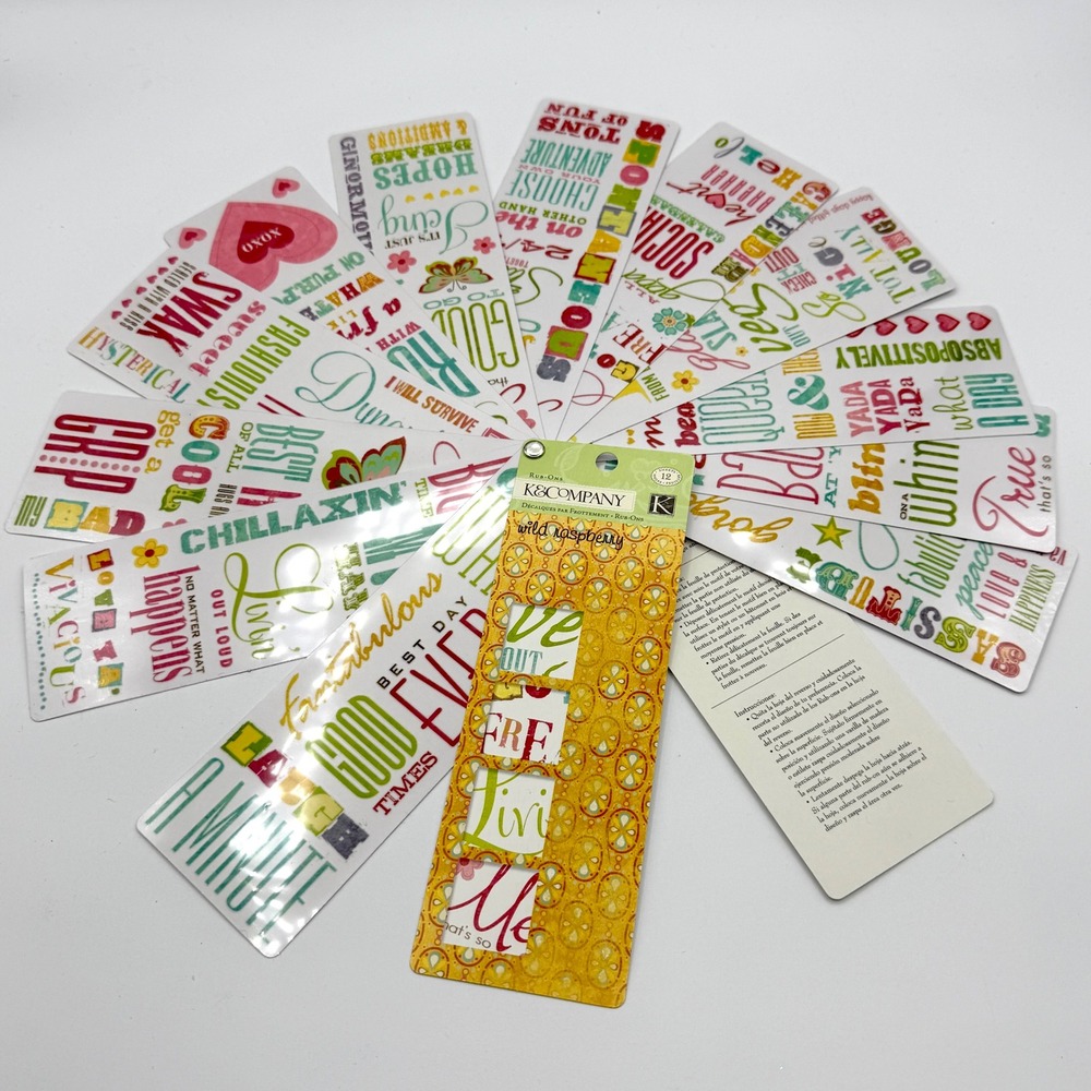 K&Company Wild Raspberry Rub-On Transfers 12 Sheets Scrapbook Y2K Retro Quotes
